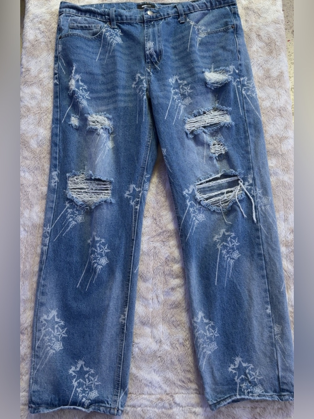 Blue Distressed Star-Print Jeans